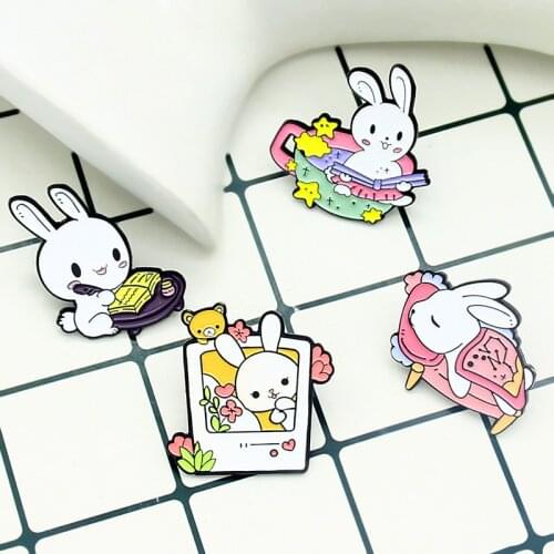Lovely Little white rabbit Enamel Brooch stars flower bear Cup book heart Cartoon animal Lapel Pin Sleeping rabbit Badge jewelry