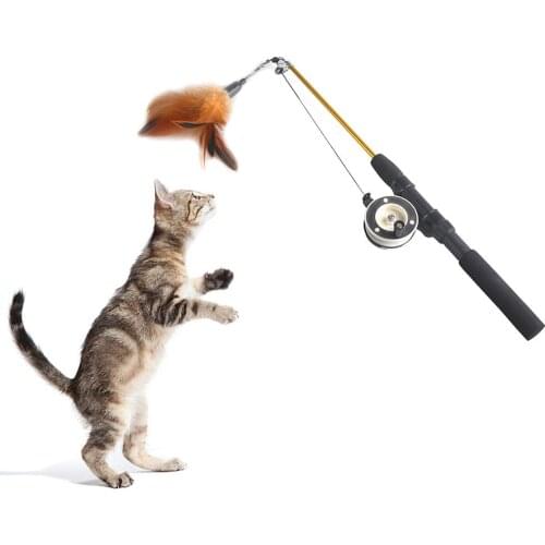 Pet Cat Teaser Flexible Interactive Jumping Fishing Rod Toy Retractable Wand with Replaceable Feather Cat Kitten Playing Toy