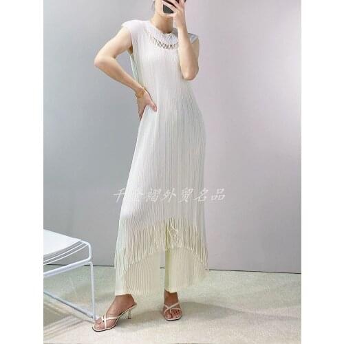 HOT SELLING Miyake Fashionable tassel fold pure color short sleeve Hollow out dresses IN STOCK