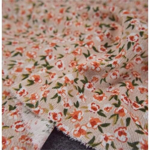 Sweet Nude Pink Orange Small Floral Corduroy Printed Fabric Dress Womens Clothing Soft Fine Corduroy Handmade DIY Fabric