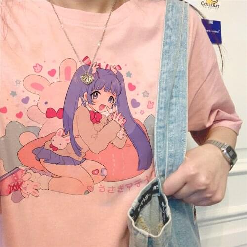 Ulzzang Cute Cartoon Sweet Girls Japanese Streetwear Harajuku Pink Kawaii Casual Tops Vintage Loose E-Girl Summer Women T-shirt