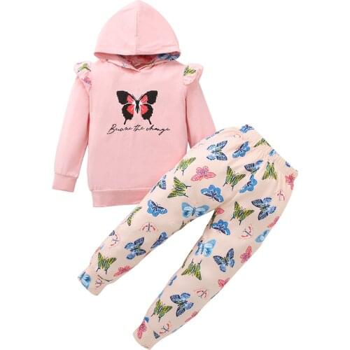 2021 Infant Baby Girls Butterfly Print Clothes Set, Long Sleeve Hooded Tops with Ruffles+Elastic Waist Trousers 18M-6T