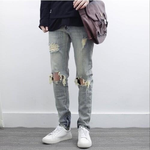 S-xxl Summer Europe And The United States Personality Wash Old Knee Hole Jeans Mens Slim Denim Feet Pants Tide Beggar Pants