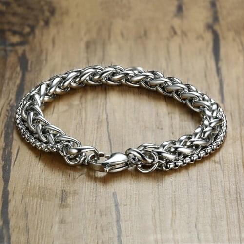 Men Stainless Steel Double Chain Bracelet Cool Punk Silver Color Snake Titanium Bracelet