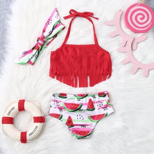 Kids Baby Girls Swimsuit Halter Strap Tassel Watermelon Print Split Bikini + Hair Band Swimwear Girl Swimsuit Bikini Outfits