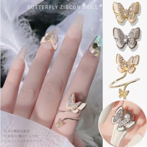 Top Quality 3D Double Wings Butterfly Alloy Nail Art Decorations Shiny Crystal Ring Fashion Shell Stone Zircon Manicure Jewelry