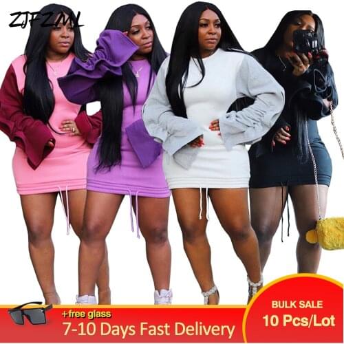 Bulk Items Wholesale Lots Womens Dresses Color Block Patchwork Cascading Ruffles Long Sleeve Ruched Hoodie Sweatshirt Dress