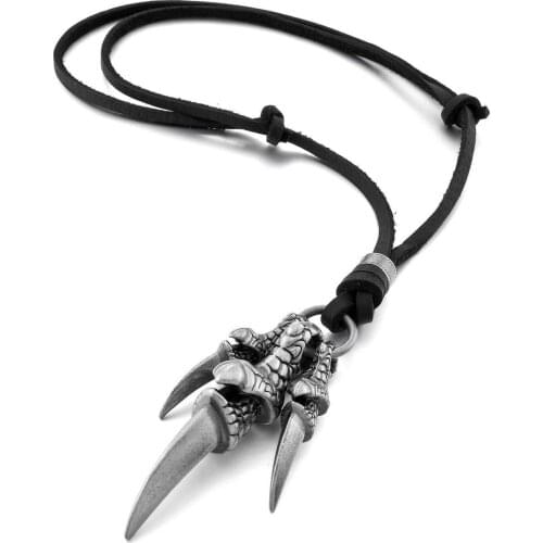Alloy Leather Pendant Necklace Dragon Claw Gothic Adjustable 16 ~ 26 Inch Chain Man, Woman silver-color Black