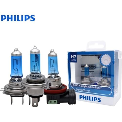 Philips H1 H4 H7 H11 9005 9006 12V Crystal Vision 4300K Bright White Light Halogen Car Head Light Fog Lamps +2x T10 Bulbs, Pair