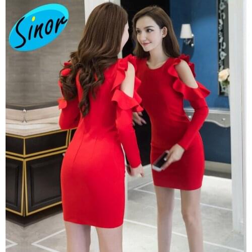 2020 New Style for Autumn and Winter Korean-Style Ruffled Slim-Fit Sexy off-Shoulder Long-Sleeve Bottoming Hip Dress