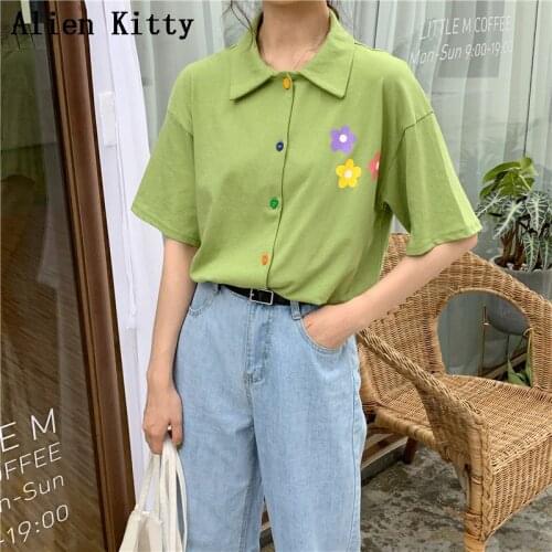 Alien Kitty Korea Sweet Vintage Loose Summer Print Floral Short Sleeves Fresh All Match Chic Sweet Simple Casual Shirt 4 Colors