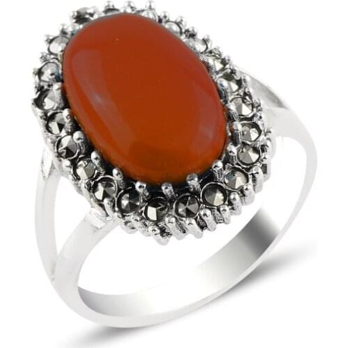 Silver 925 Sterling Red Agate & Marcasite Ring