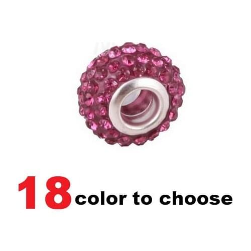 70% OFF!Wolesale!14MM 50Pcs/lot Pink Resin Rhinestone Silver Plated Core Big Hole Crystal European Beads Fit Charm Bracelets
