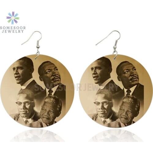 SOMESOOR Black History Heros Art African Wooden Drop Earrings Printed Famous Leaders Martin Luther King Obama Mandela For Women