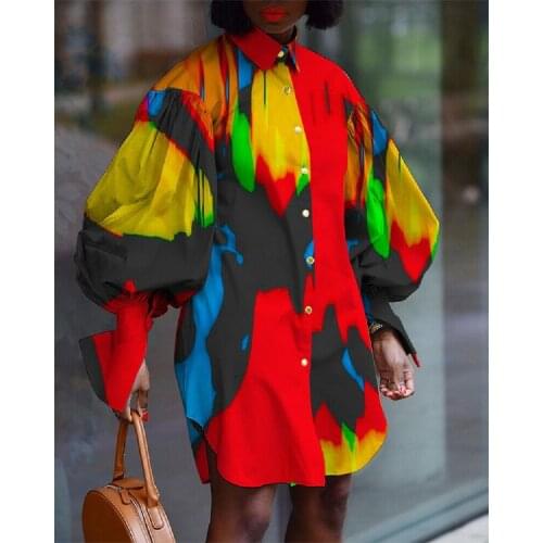 5XL Loose Single Breasted Retro Lantern Sleeve Office Lady Ink Printing Plus Size Casual Shirt Dress For Women