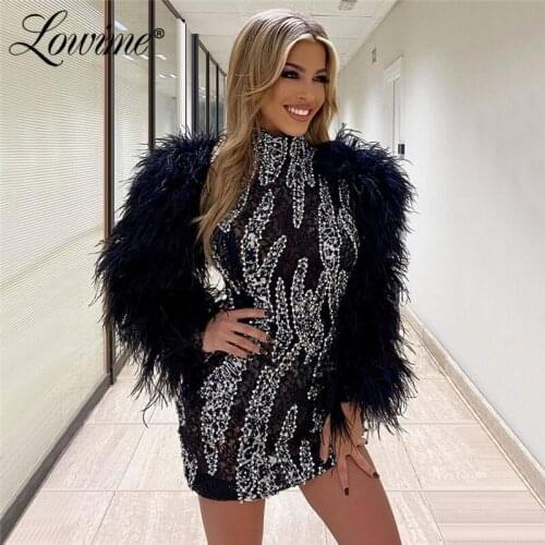Black Feathers Evening Dresses 2020 Newest Fashionable Beading Short Party Dress Arabic Turkish Robe De Soiree Gowns Prom Dress