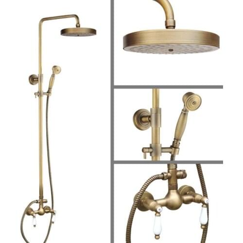 Vintage Retro Antique Brass Wall Mounted Bathroom 7.7" Round Rain Shower Head Faucet Set Dual Ceramic Handles Mixer Tap man114