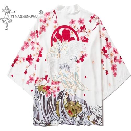 Japanese Couple Crane Print Kimonos Men Women Harajuku Yukata Loose Shirts Cardigan Costume Samurai Japan Chinese Style Coat New
