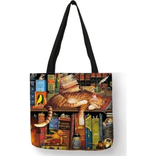 YLWHJJ new Oil Painting Cat Print Women Tote Bags Linen Reusable Shopping Shoulder Bags for Women sac a main ladies handbags