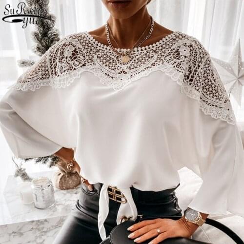 New Autumn Lace White Blouse Women O-Neck Crochet Floral Long Sleeve Shirt Embroidery Casual Sexy Office Ladies Top Femme 12459