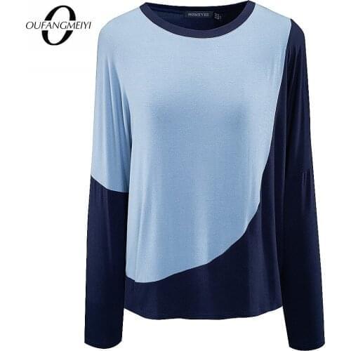 Women Designed Casual O Neck Patchwork Fashion Long Sleeve Autumn Tops Tees ET058