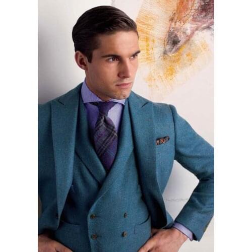 2017 Latest Coat Pant Designs Blue Tweed Men Suit Slim Fit Tuxedo 3 Piece Custom Suits Groom Prom Fashion Blazer Terno Masculino