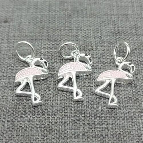 4 Pieces of 925 Sterling Silver Pink Crane Charms Enameled for Bracelet Necklace