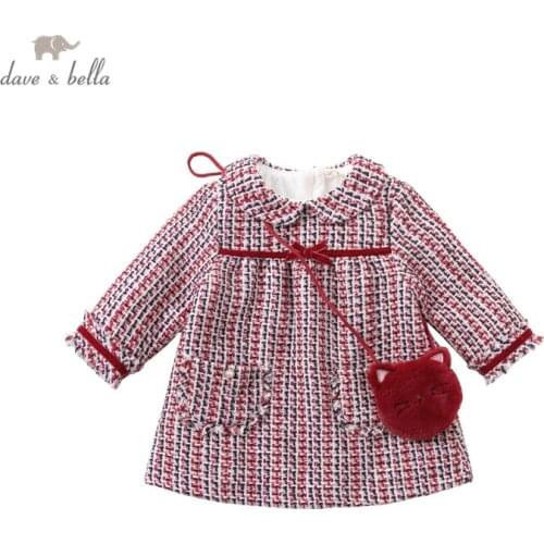 DBM15467 dave bella winter baby girls fashion bow plaid dress with a small bag party dress kids infant lolita 2pcs clothes