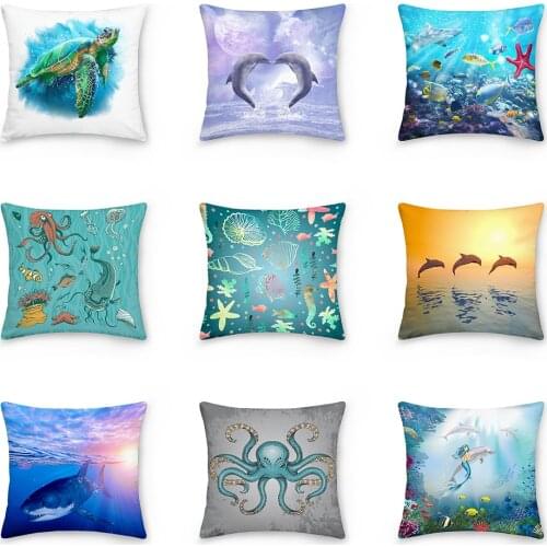 Dolphin Pattern Under the World Decorative Cushions Pillowcase Polyester Cushion Cover Throw Pillow Sofa Decorative Pillowcover