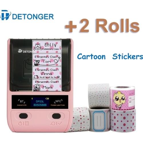 DETONGER DP23L Plus 2 Rolls Color Cartoon Stickers Wireless BT Label Maker Barcode QR Code Printer Home Office Use