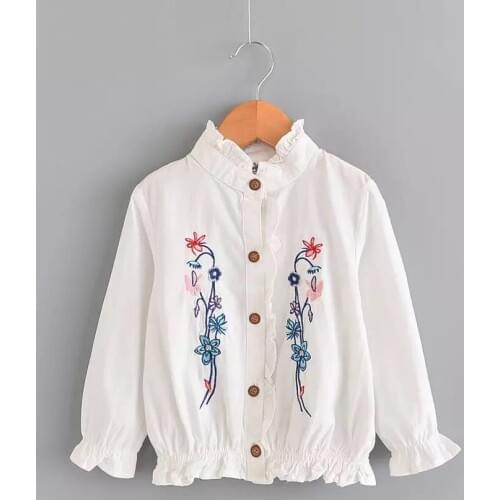 Girls cotton long-sleeved shirt spring and autumn new bottoming blouses childrens flower embroidery round neck tops clothes
