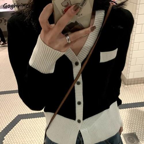 Cardigan Women V-Neck Patchwork Cropped Female Clothes Single Breasted Vintage Design Ins Fashion Chic College Harajuku Teens