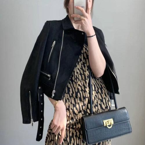 2020 New Hot Women Fashion Soft Suede Faux Leather Jackets and Coats Lady Matte Turn-down Collar Zippers Belt Pink Outerwear