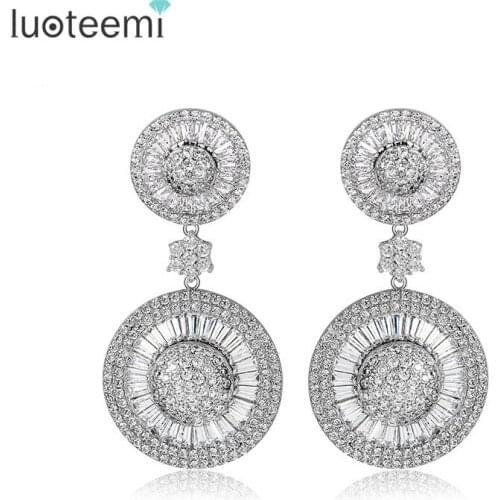 LUOTEEMI 2021 New Fashion Two Round Drop Earrings for Women CZ Zirconia Dangle Earring For Bridal Fashion Crystal Bridal Wedding