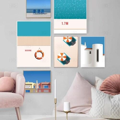 Minimalist Swimming Pool Poster Print Miami Ocean View Canvas Painting Summer Beach Wall Art Pictures for Living Room Home Decor