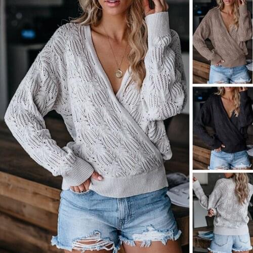 Fashion Warm Solid Women Knitted Sweater Casual Autumn Winter Deep V-neck Female Pullover Tops Ladies Long Sleeve Jumper Blusas