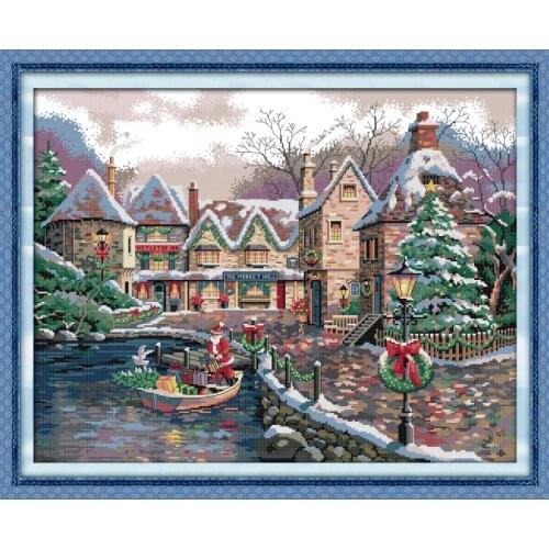Christmas Town Scenery Embroidered Cross Stitch Kit Aida 14CT 11CT Printed Canvas Needlework Set Festivals Home Decoration Gifts