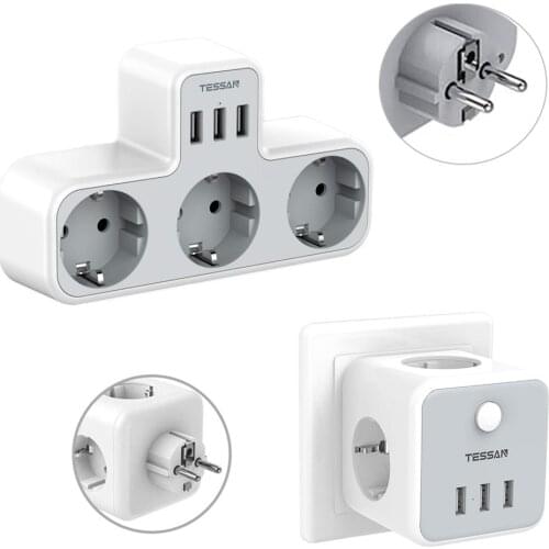 TESSAN 6 in 1 EU Wall Socket with 3 Outlets 3 USB Ports ,100-230V Charger Power Adapter with Fireproof and Overload Protection