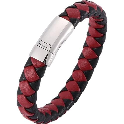 New Fashion Male Jewelry Stainless Steel Magnetic Clasp Bracelet Men Vintage Black Red Leather Braided Bracelet Punk Cuir PD0031