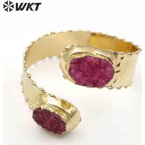 WT-B435 Wholesale Custom New Design Natural Druzy stone Bangles With Gold Color Multi Stone With Adjustable Size For Jewelry