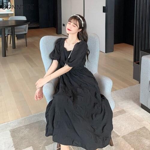 Dresses Women Holiday Loose Solid Color Folds Puff Sleeve A-line Ladies Simple Square Collar Girls Sweet All-match Ins Casual