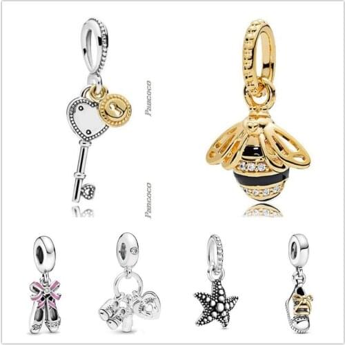 Authentic 925 Sterling Silver Gold Color Key To My Love Heart Pendant Charm Bead Fit Pandora Bracelet & Necklace Jewelry