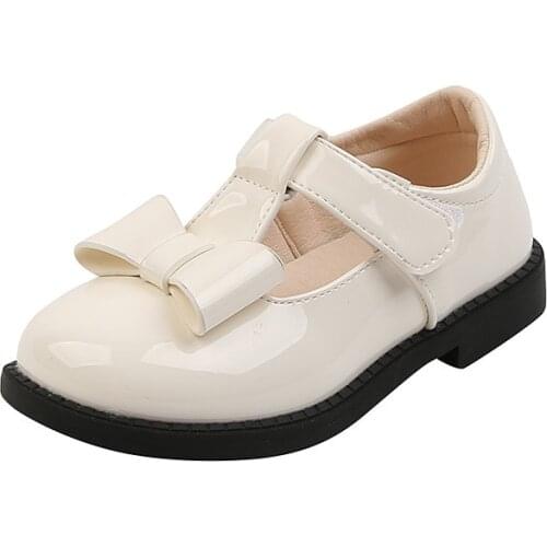 Grils Black Bow Casual Leather Shoes New Size 23-33 Kids Sweet Princess Round Head Children White Flat Bottom Shoes