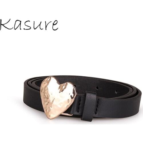 KASURE Woman Cute Solid Heart Gold Metal Buckle Belt Designer Fashion Thin Black PU Belts Jeans Sweet Dress Waistbelt