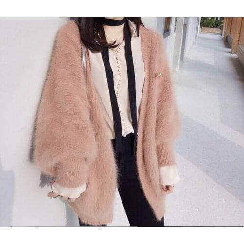 Thickened Faux Wool Long Hair V-neck Knitted Cardigan Long Lantern Sleeved Imitation Velvet Sweater Coat Tops Oversized Sweater