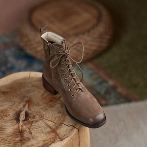 2021 New Fall Shoes Zipper Genuine Leather Boots Women Retro Lace Ankle Boots for Women Plus Size 42 Fashion Winter Boots Women