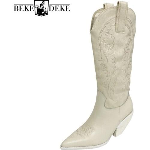 Women White Western Pointed Cowboy Boots Vintage Knight Mid-Calf Boots Luxury Embroidery Real Leather Thick High Heel Long Boots