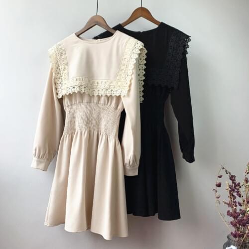Obrix Preppy Style Female Dress O-Neck Lace Mid Waist Full Sleeve Short A-Line Vintage Dress For Women