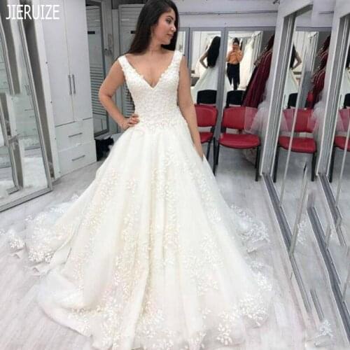 JIERUIZE Romantic White Wedding Dresses V Neck Lace Appliques Wedding Gowns with Bow Lace Up Back Vestido De Noiva Custom Made
