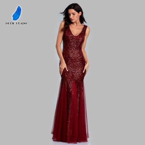 DEERVEADO H104 Sexy Deep V Neck Sequins Mermaid Prom Dresses 2021 New Arrival Formal Party Dresses for Woman